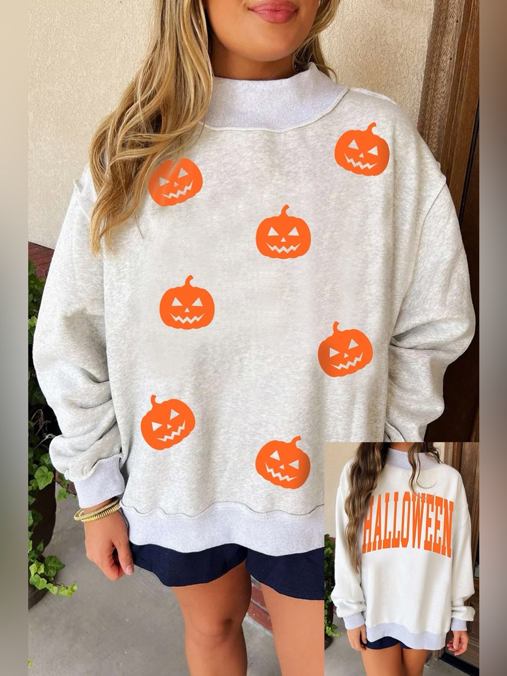 Halloween Pumpkin Face Print Mock Neck Reversible Sweatshirt